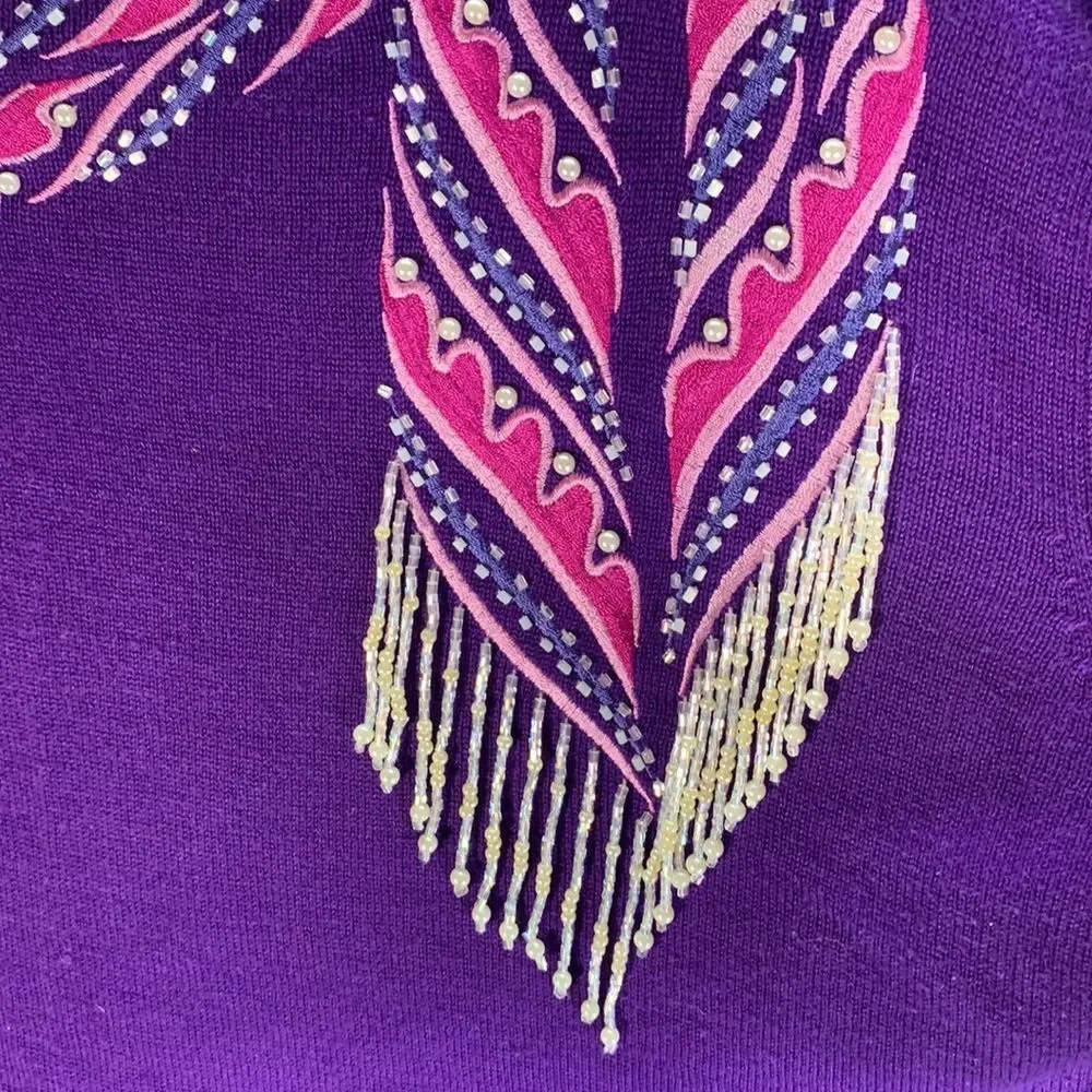Womens vintage Bob Mackie wearable art purple sweater beaded scarf medium - Picture 4 of 4